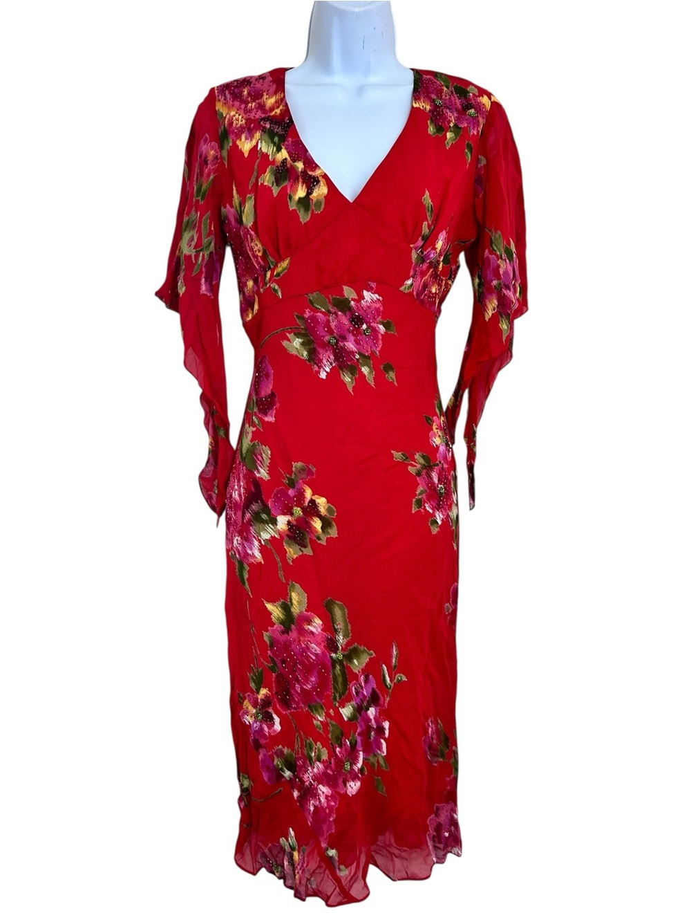 Vintage Y2K American Angel Red Floral Beaded Flowy Midi Dress S Fairy